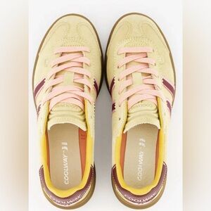 Coolway Yellow/Beige Suede Athletic Sneakers with Pink Laces and Maroon Stripes